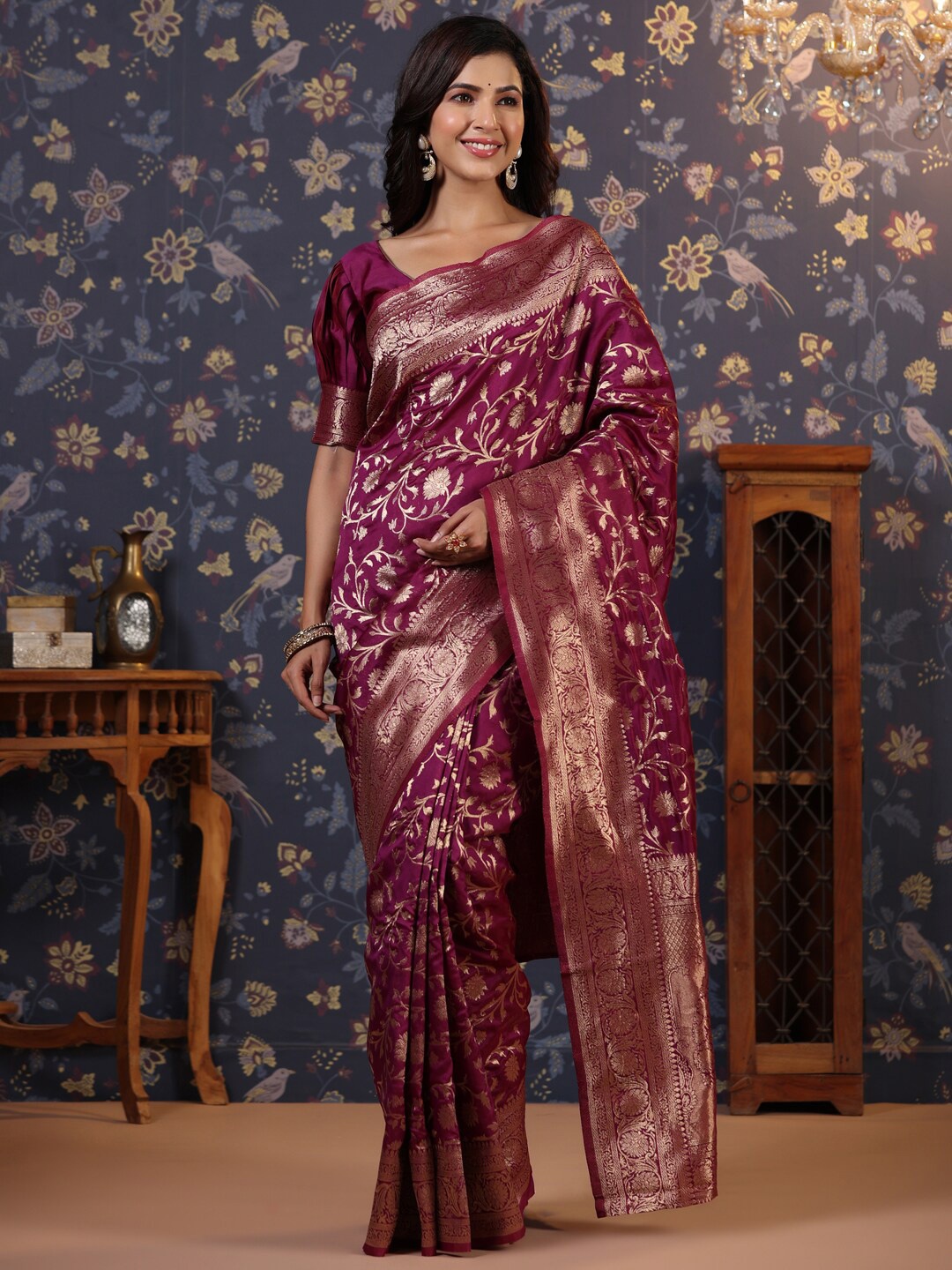 

House of Pataudi Woven Design Pure Silk Saree With Blouse Piece, Magenta
