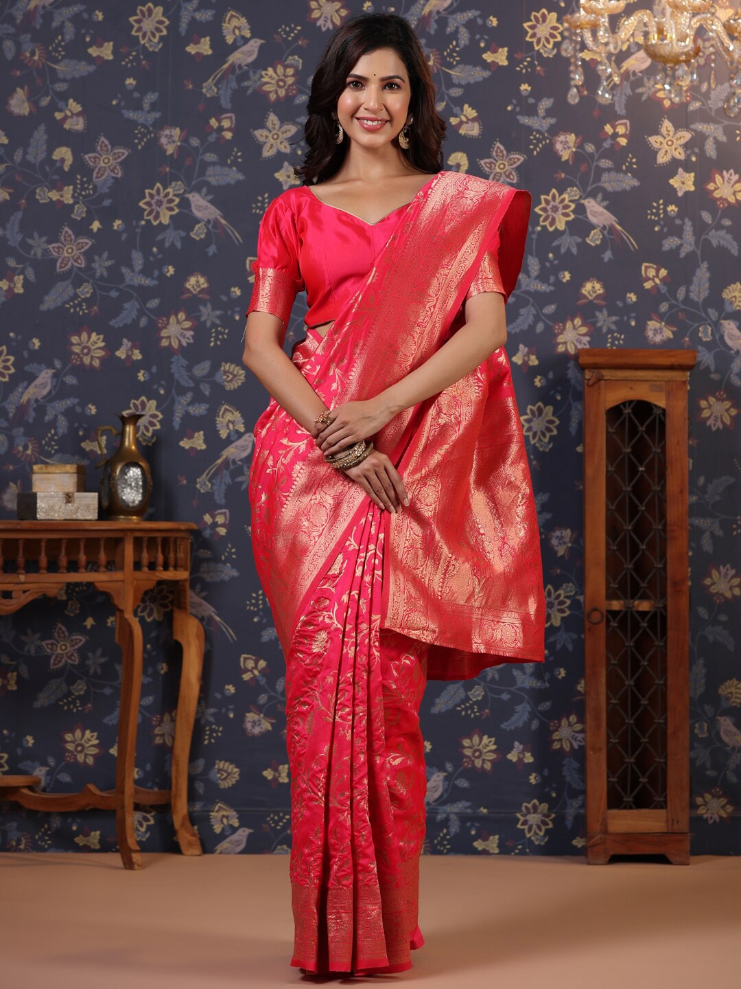

House of Pataudi Woven Design Pure Silk Zari Banarasi Saree, Pink