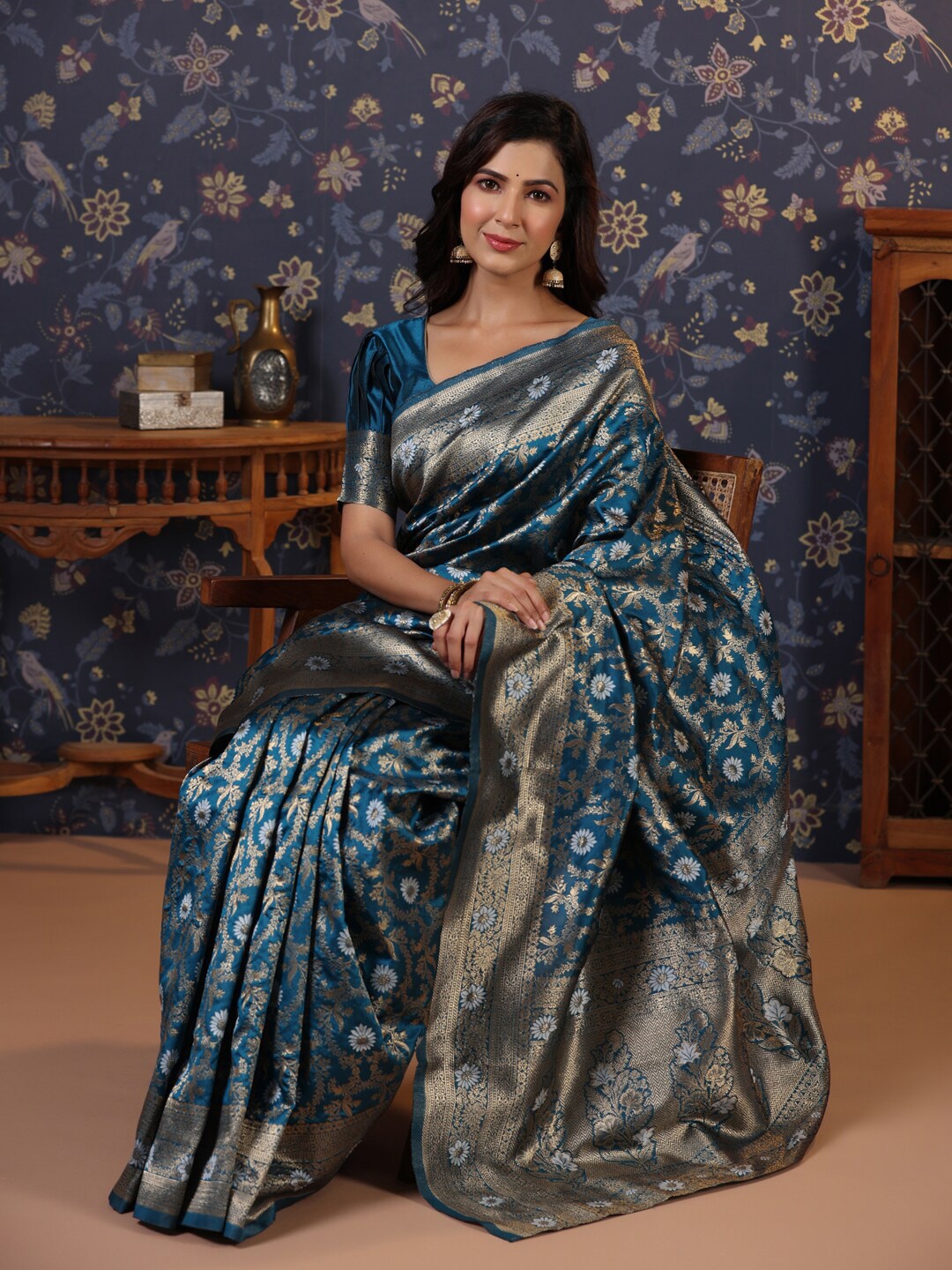 

House of Pataudi Woven Design Pure Silk Banarasi Saree, Teal