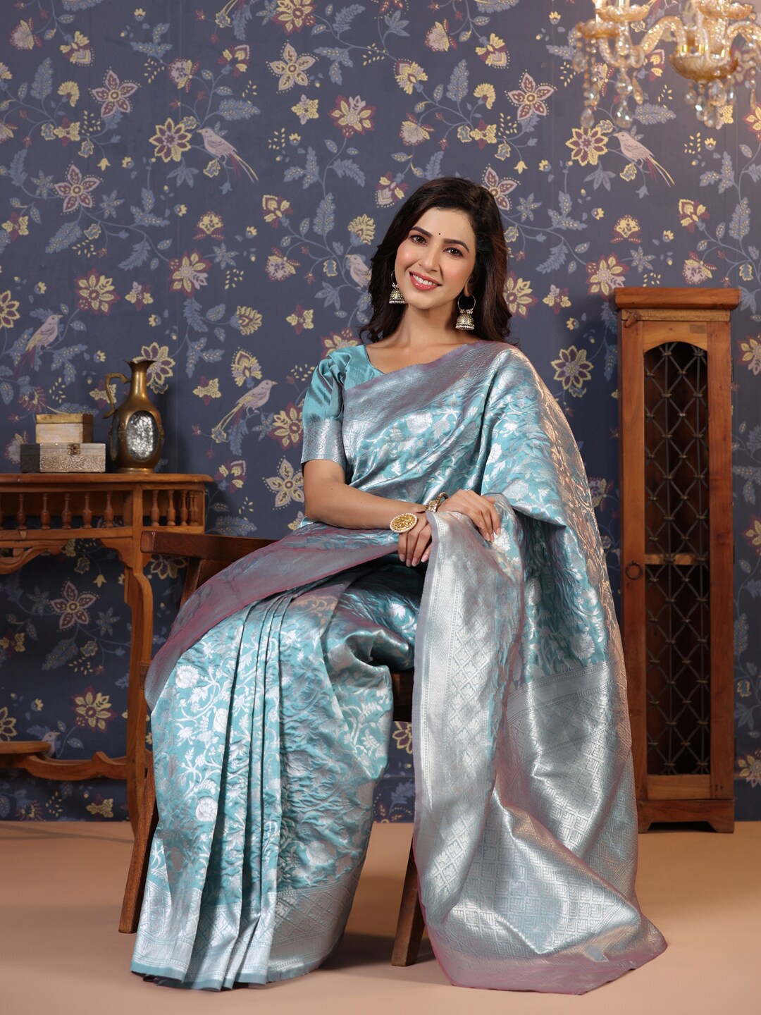

House of Pataudi Woven Design Pure Silk Saree, Teal