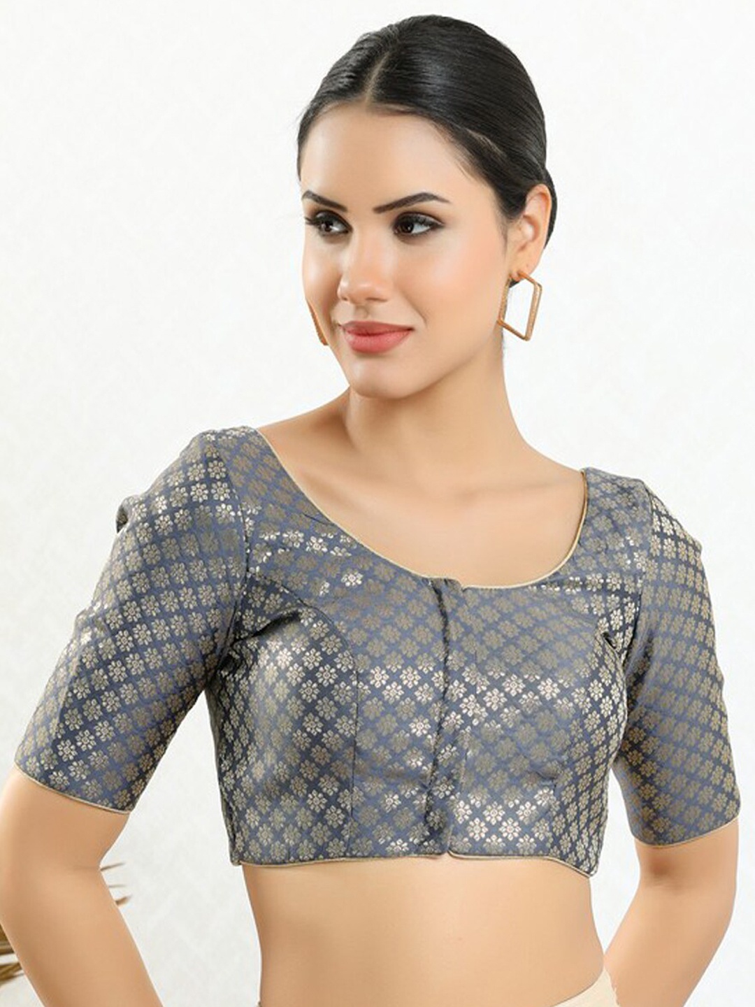 

SALWAR STUDIO Floral Woven Design Saree Blouse, Grey