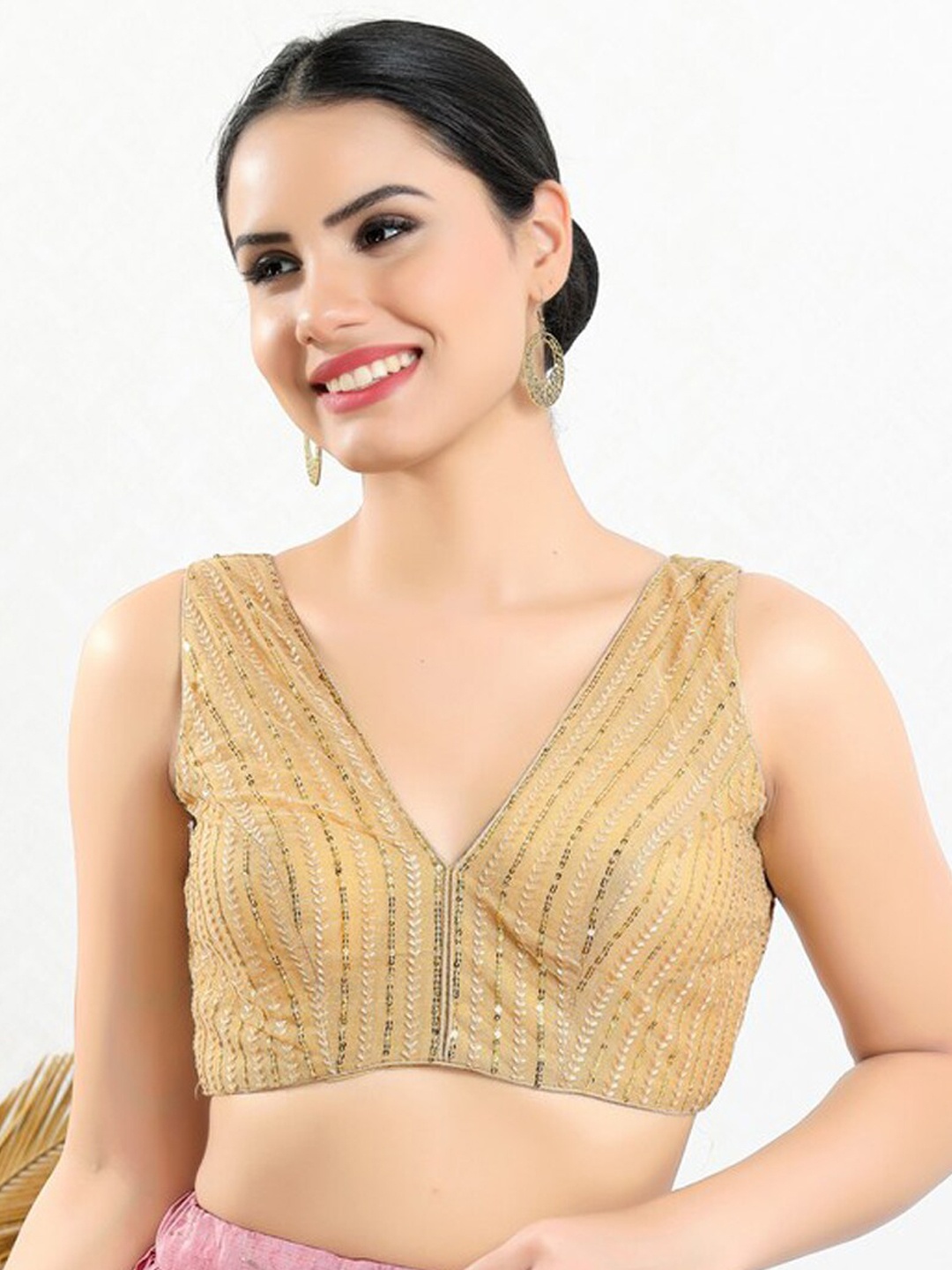 

SALWAR STUDIO Sleeveless Embroidered Saree Blouse, Gold