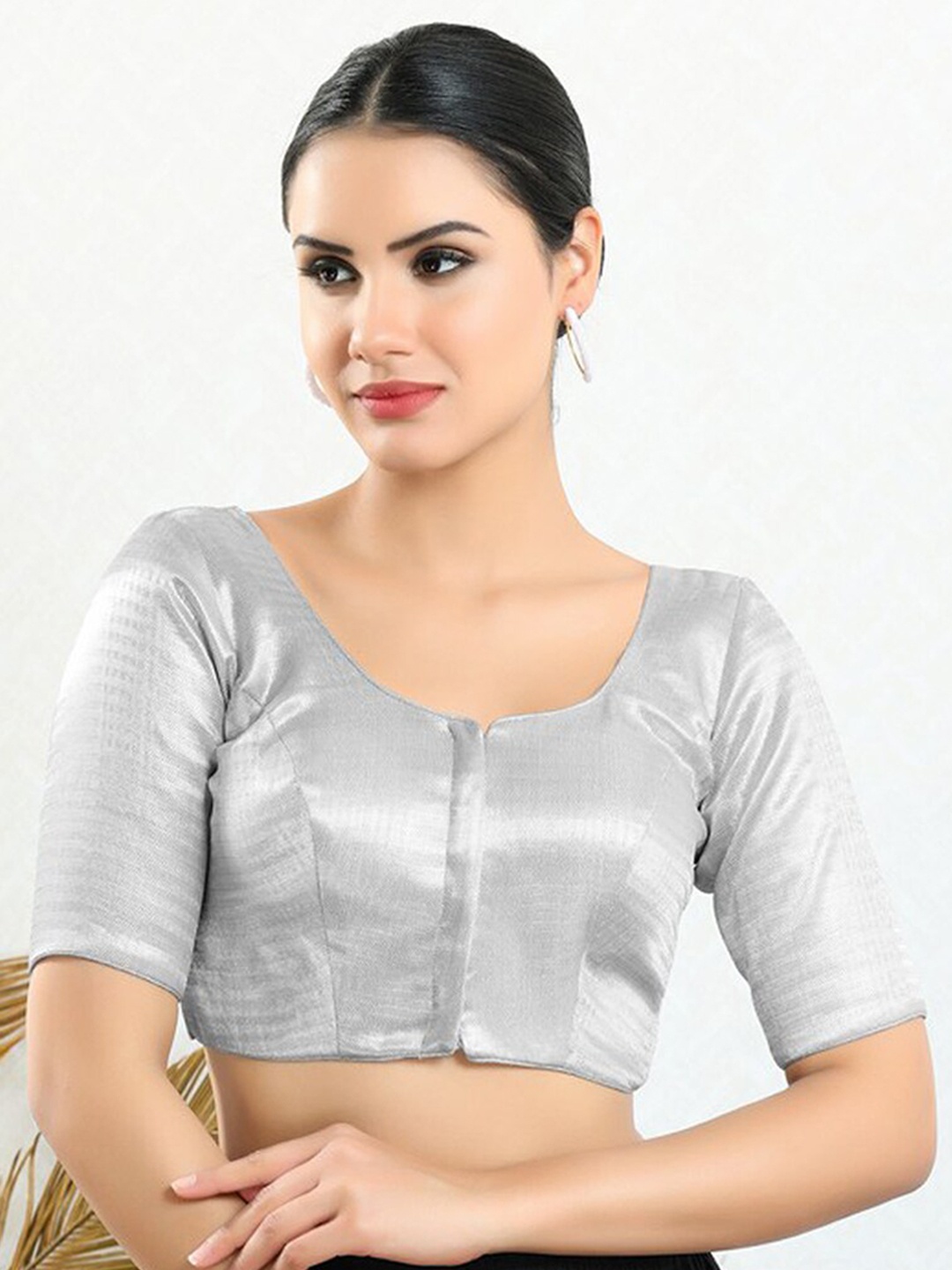 

SALWAR STUDIO Round Neck Short Sleeves Shimmer Readymade Saree Blouse, Silver