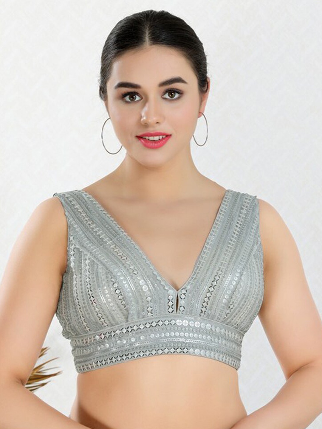 

SALWAR STUDIO V-Neck Sleeveless Embroidered Saree Blouse, Silver