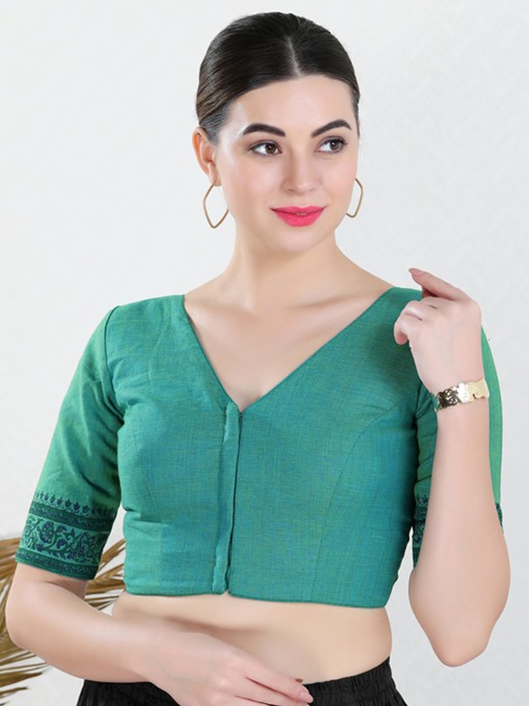 

SALWAR STUDIO Printed Cotton Saree Blouse, Green