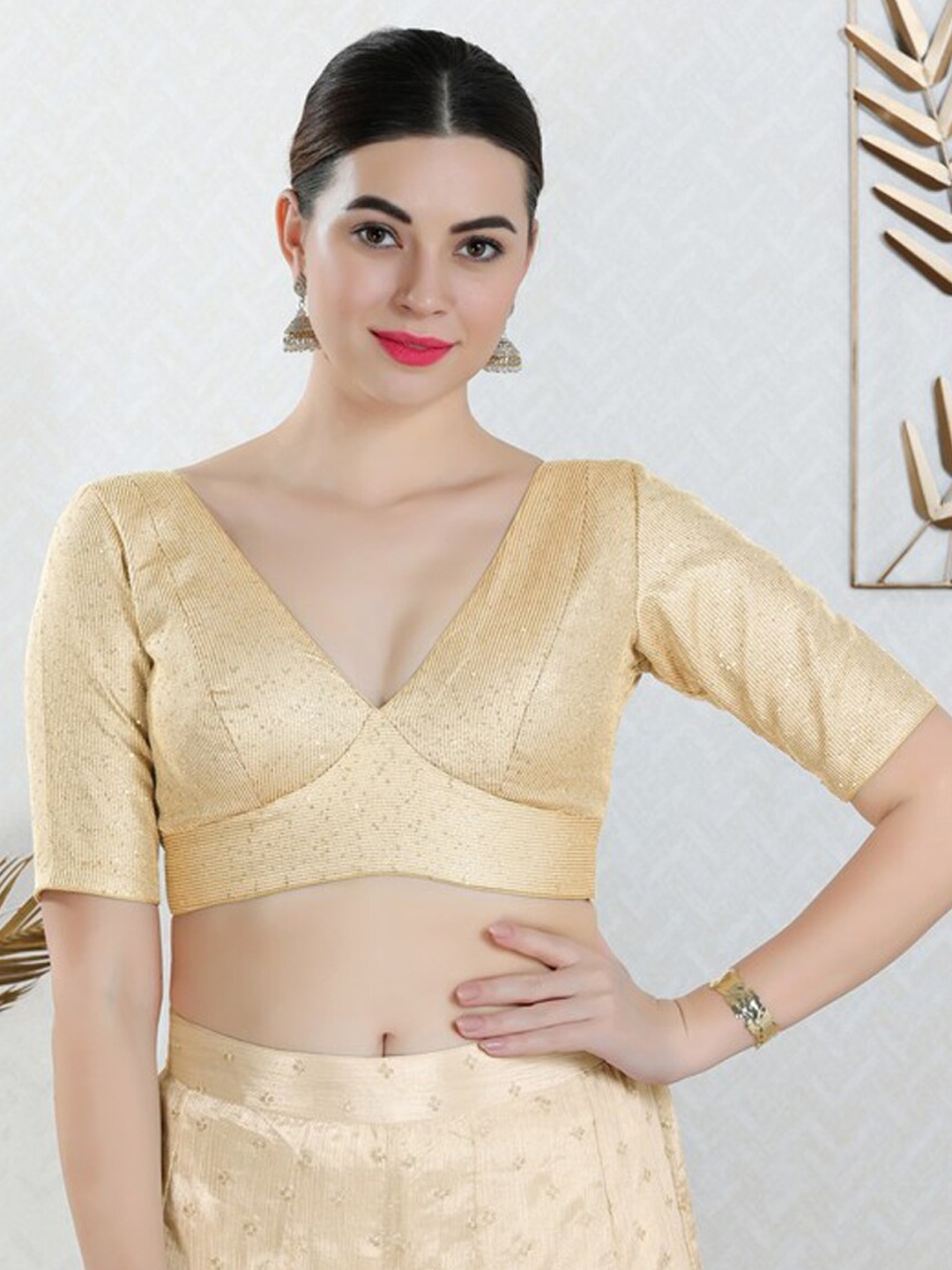 

SALWAR STUDIO V-Neck Embroidered Saree Blouse, Gold