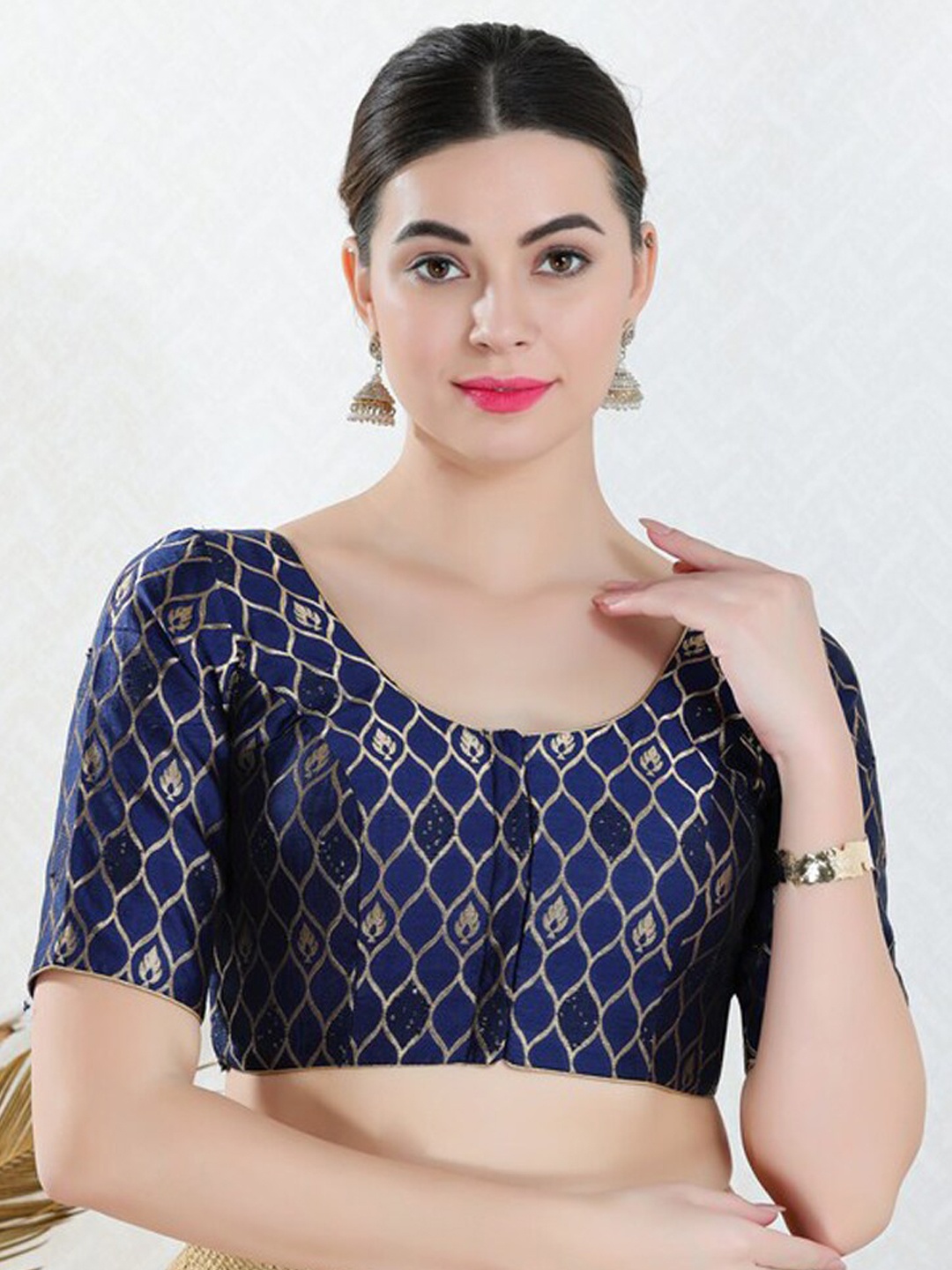 

SALWAR STUDIO Woven Design Brocade Saree Blouse, Navy blue