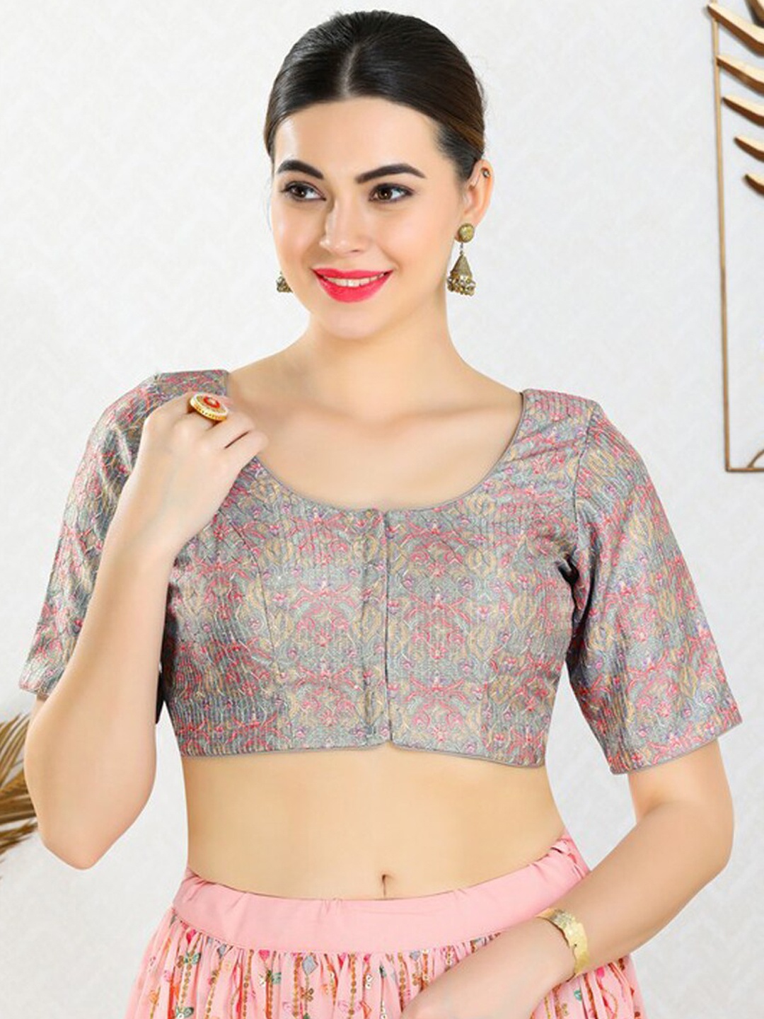 

SALWAR STUDIO Printed Art Silk Saree Blouse, Grey