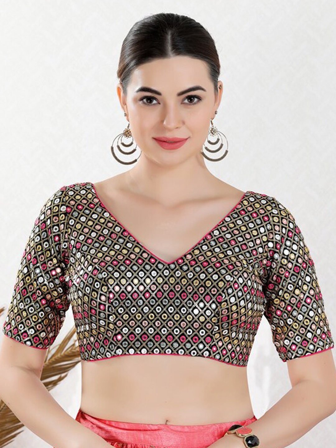 

SALWAR STUDIO Embroidered Mirror-Work Saree Blouse, Black