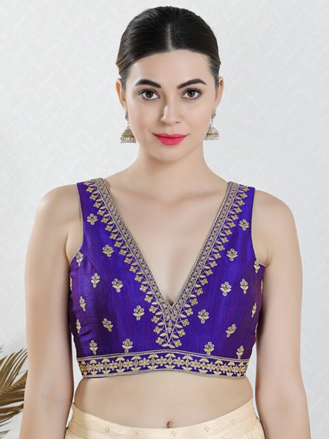 

SALWAR STUDIO Embroidered Silk Saree Blouse, Purple