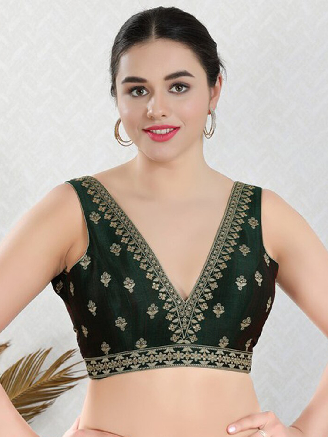 

SALWAR STUDIO Embroidered Silk Saree Blouse, Green