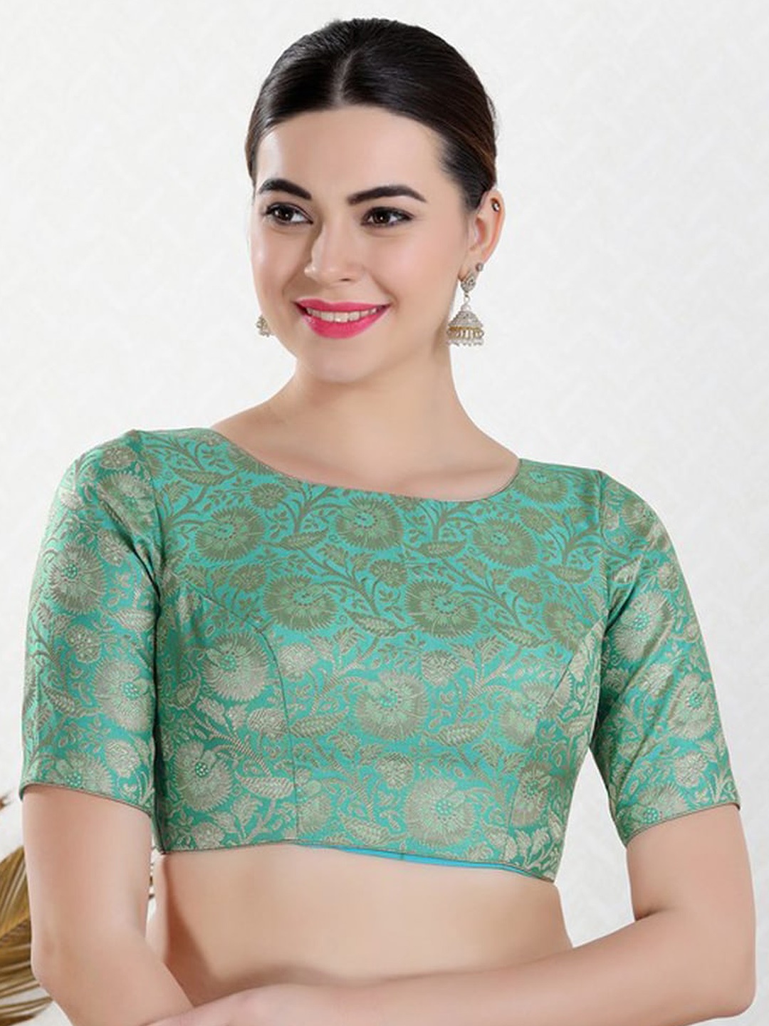 

SALWAR STUDIO Ethnic Motifs Woven Design Boat Neck Brocade Saree Blouse, Sea green