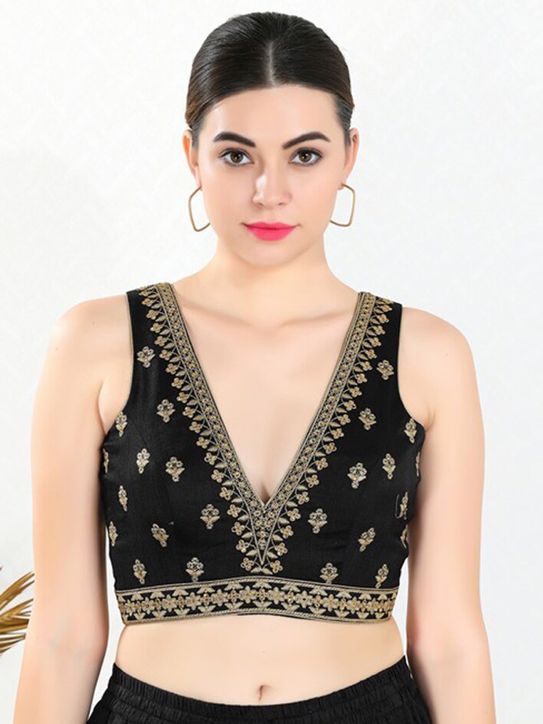 

SALWAR STUDIO Embroidered Mulbury Silk Saree Blouse, Black