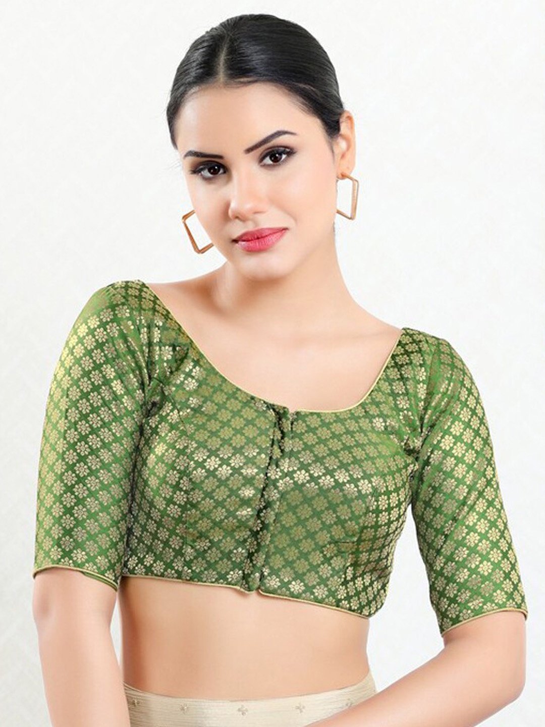 

SALWAR STUDIO Floral Woven Design Brocade Saree Blouse, Green