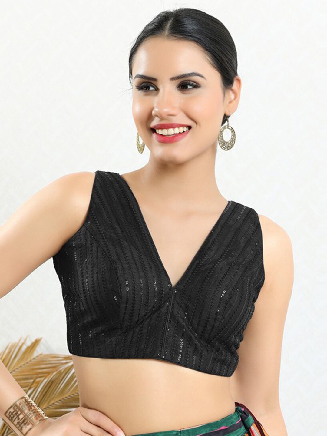 

SALWAR STUDIO Embroidered Sequined Sleeveless Saree Blouse, Black