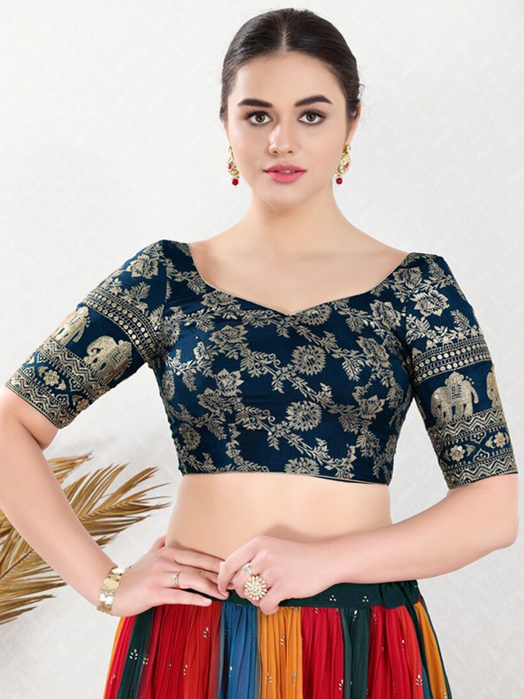 

SALWAR STUDIO Sequinned Embroidered Jacquard Saree Blouse, Navy blue