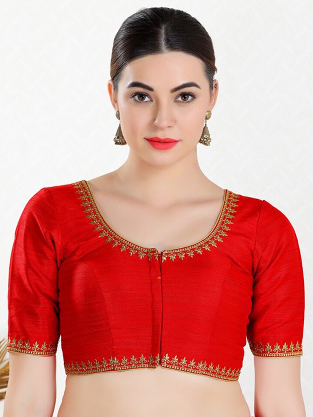 

SALWAR STUDIO Ethnic Motifs Embroidery Silk Saree Blouse, Red