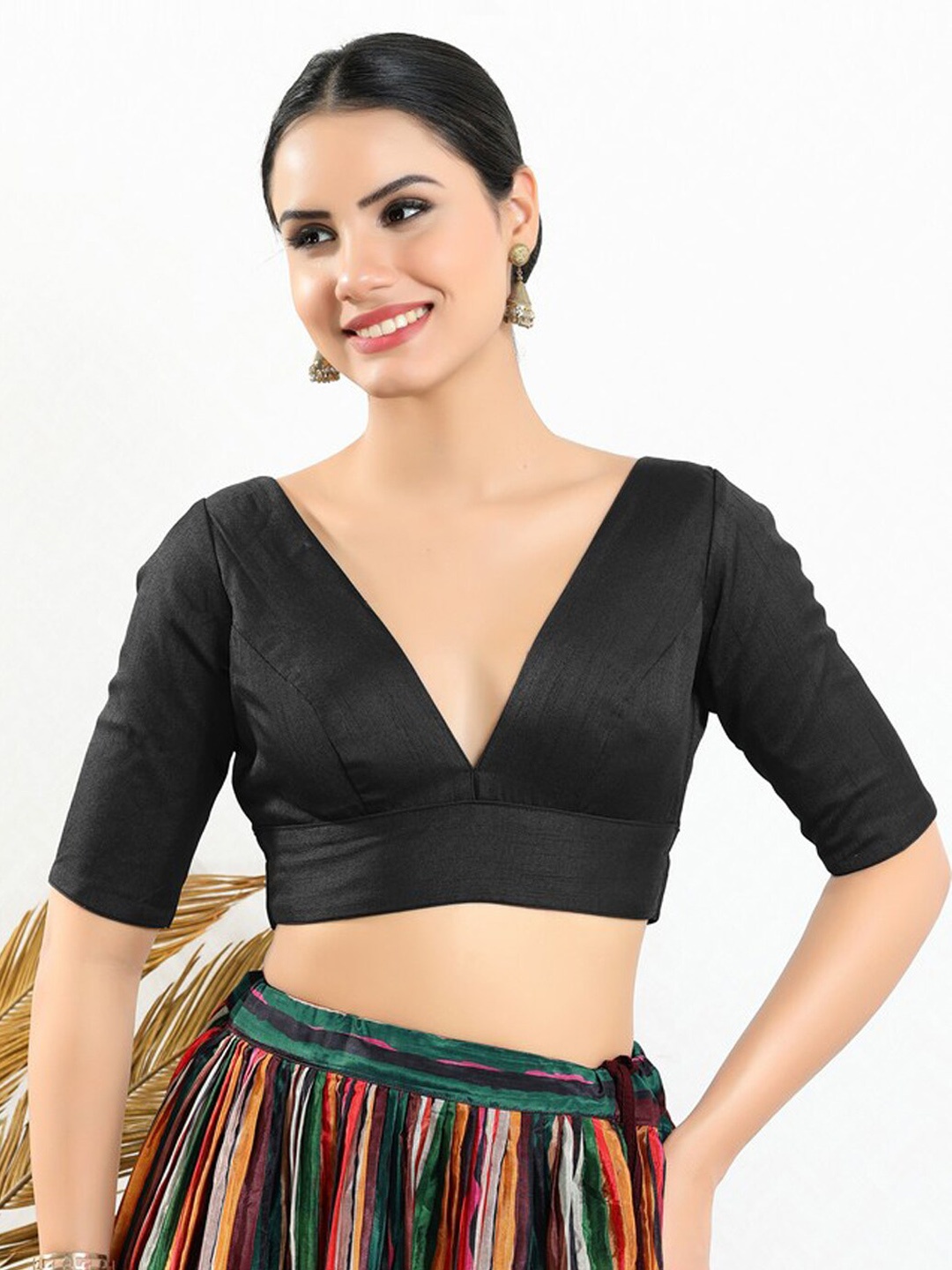 

SALWAR STUDIO Silk V Neck Readymade Padded Saree Blouse, Black