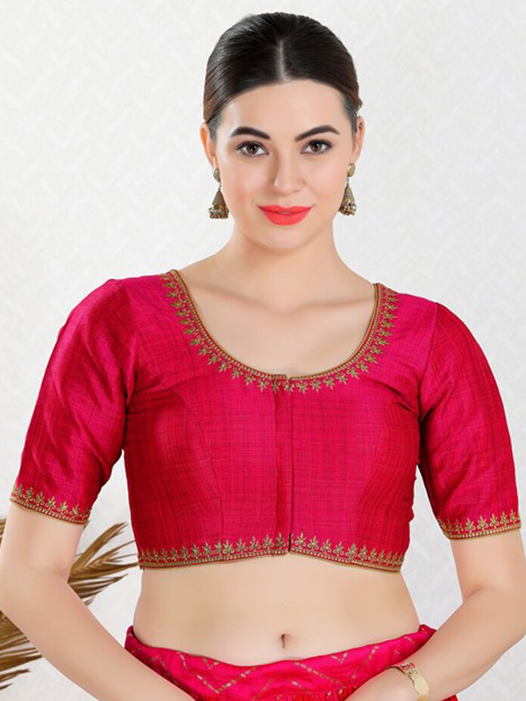 

SALWAR STUDIO Embroidered Round Neck Saree Blouse, Pink