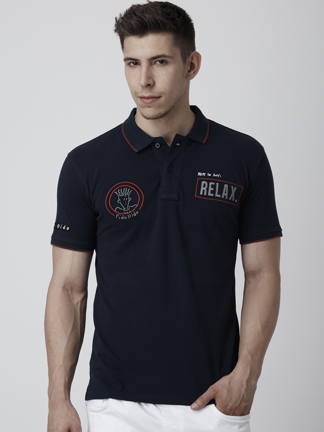 

FIDO DIDO Men Navy Blue Printed Polo Collar T-shirt