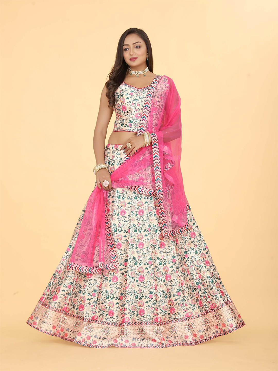 

EthnicTree Printed Beads and Stones Silk Ready to Wear Lehenga & Blouse With Dupatta, White