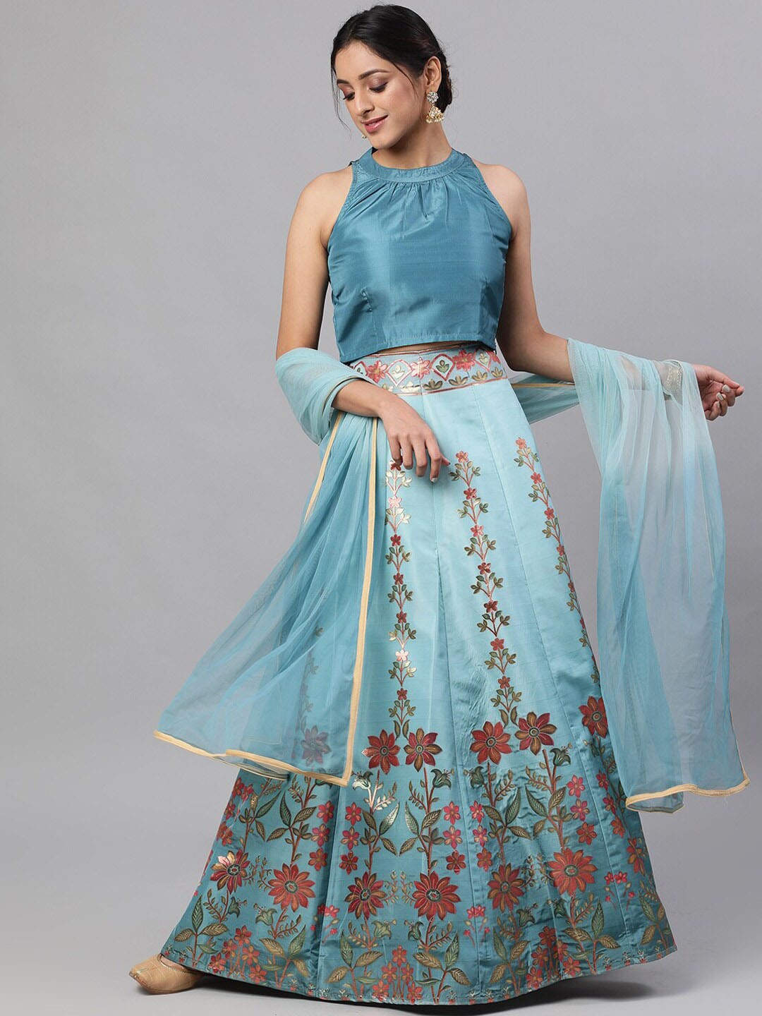 

AKS Khari Printed Ready to Wear Lehenga & Blouse With Dupatta, Teal