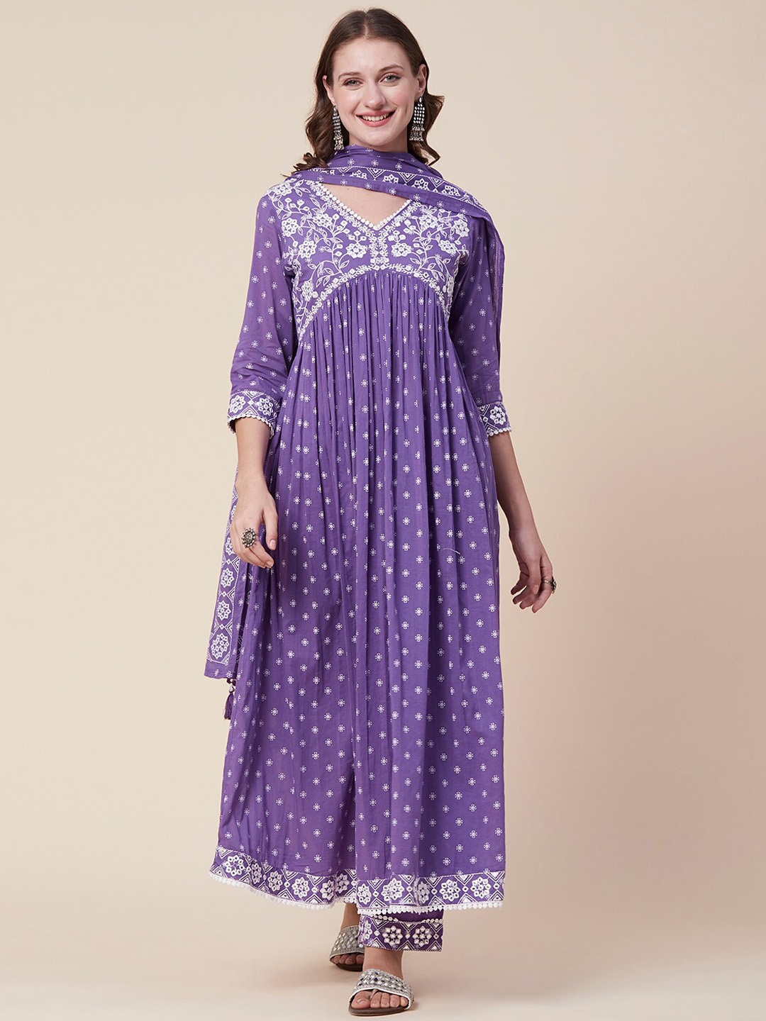 

FASHOR Embroidered V-Neck Mirror Work Pure Cotton Kurta with Trousers & With Dupatta, Violet