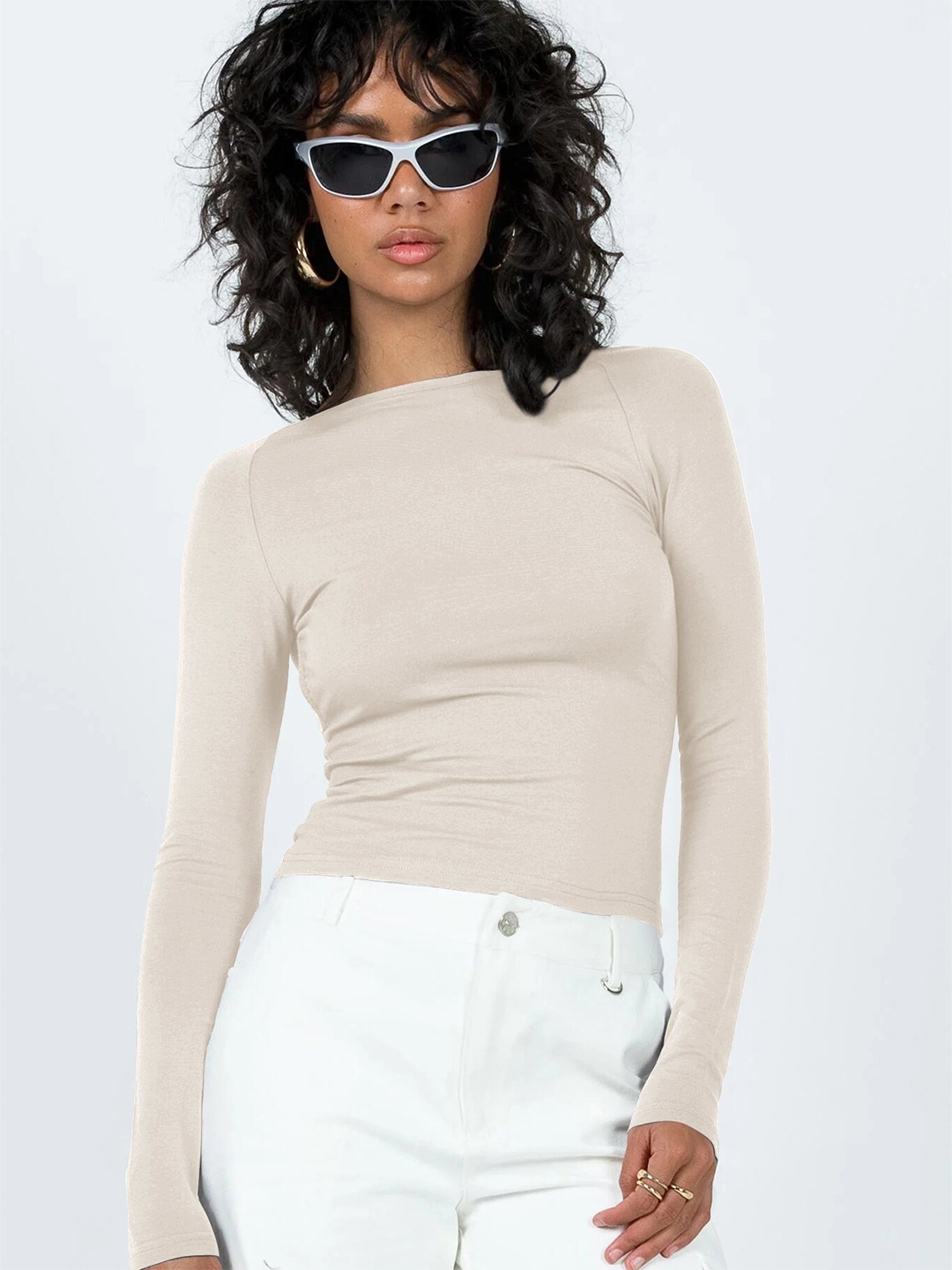 

StyleCast Beige Boat Neck Fitted Styled Back Top