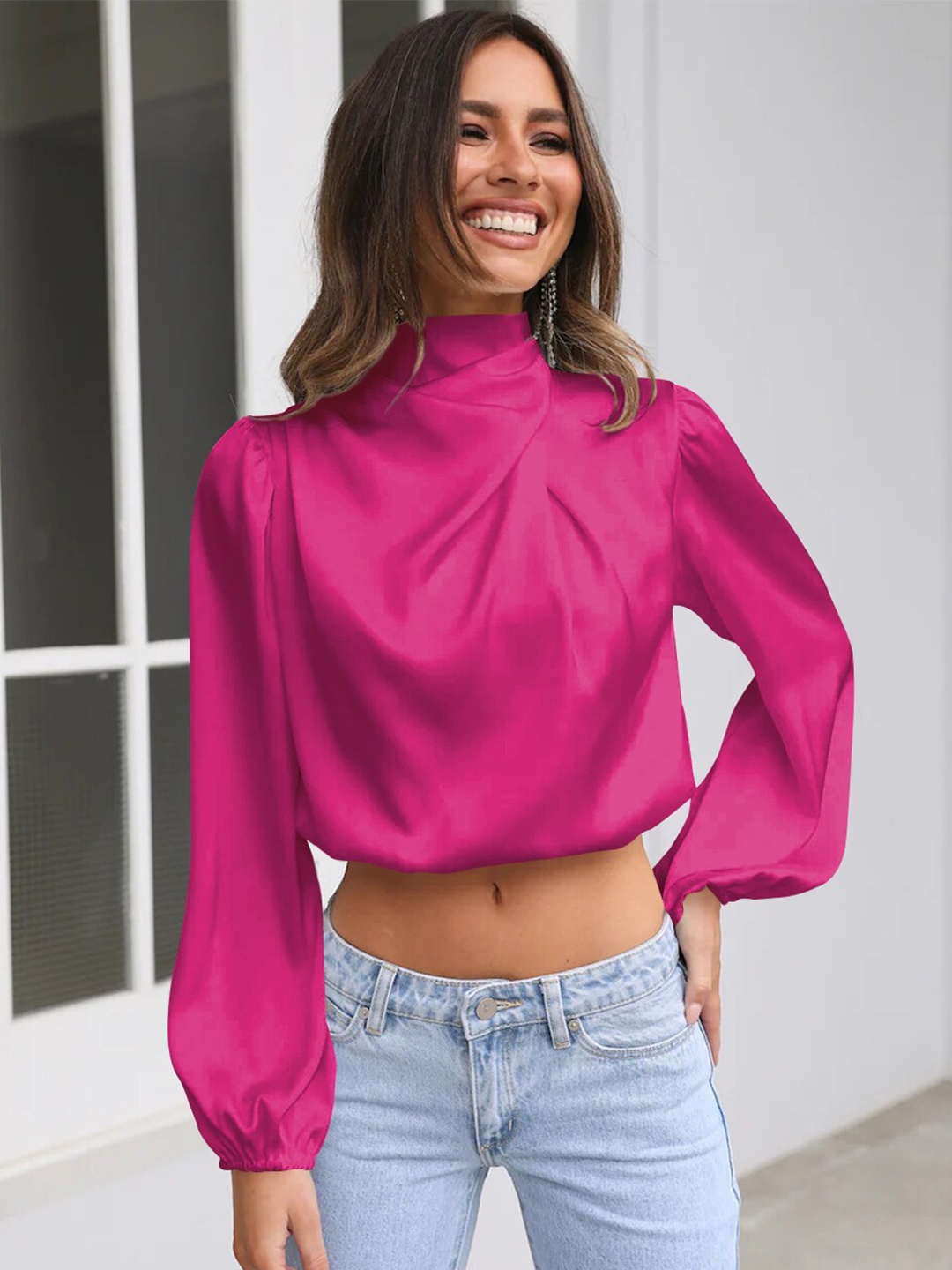

StyleCast High Neck Cuffed Sleeves Crop Top, Pink