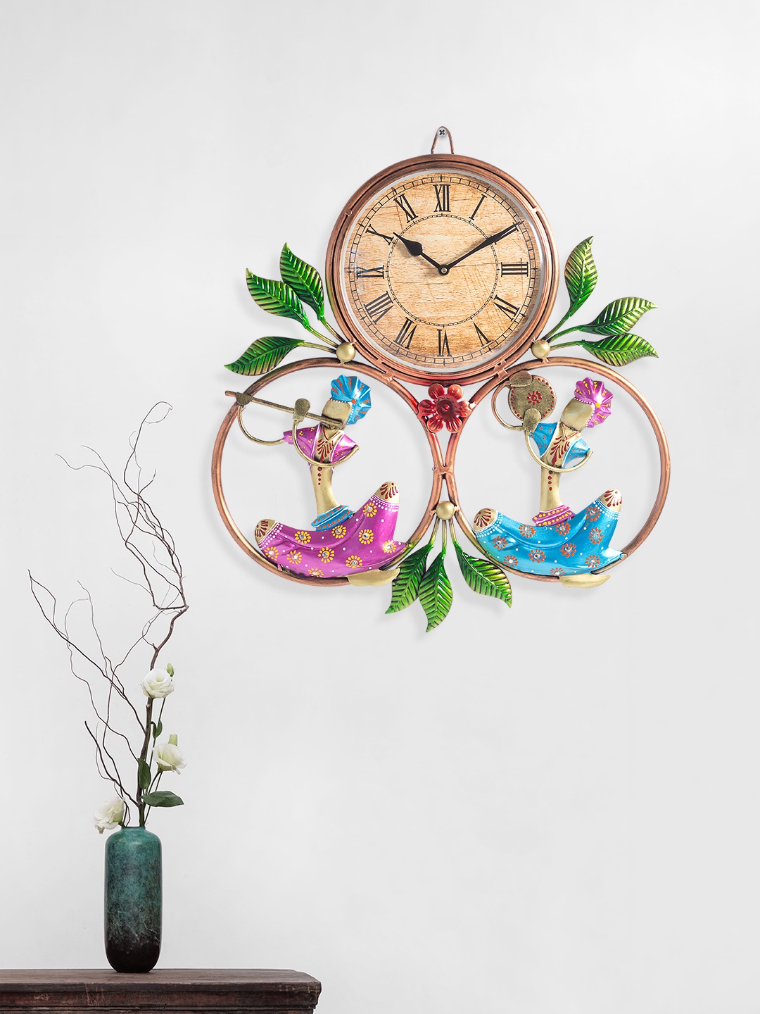 

Golden Peacock Beige & Pink Metal Musician With Clock Shaped Wall Decor