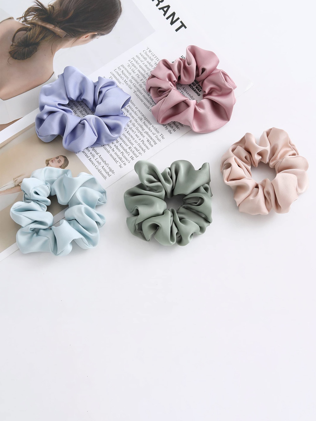 

VAGHBHATT Set of 5 Satin Ponytail Holders, Pink