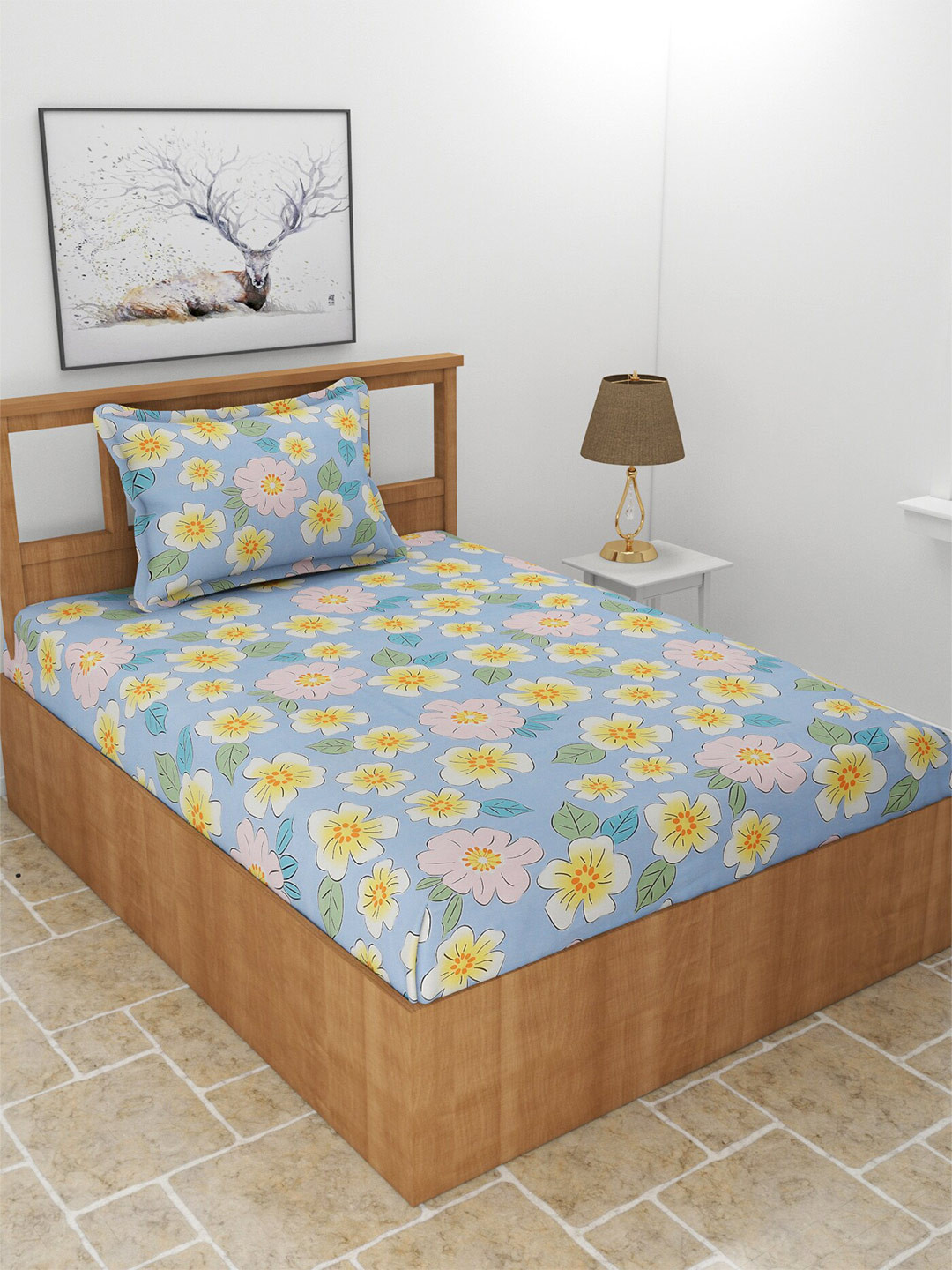 

MORADO Blue & Yellow Floral 210 TC Single Bedsheet With 1 Pillow Cover