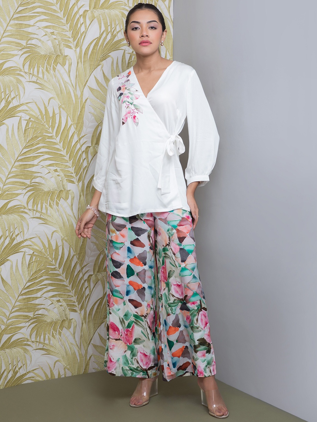 

Rhe-Ana Embroidered Wrap Top With Palazzos, White