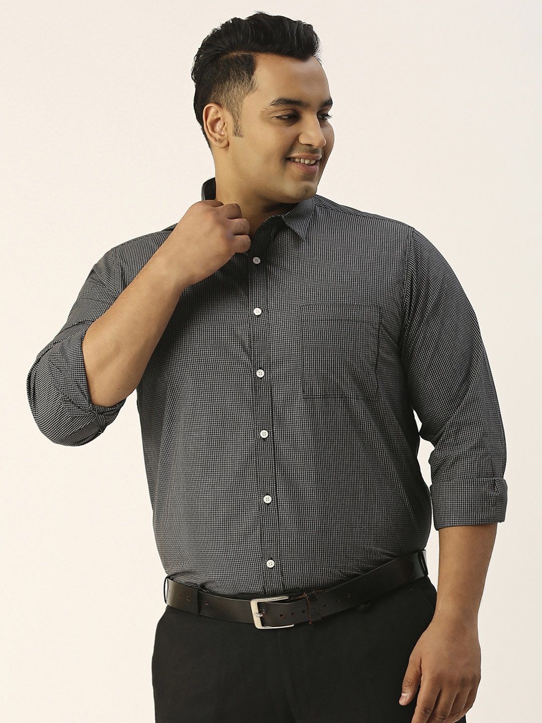 

Sztori Plus Size Micro Checked Classic Pure Cotton Shirt, Black