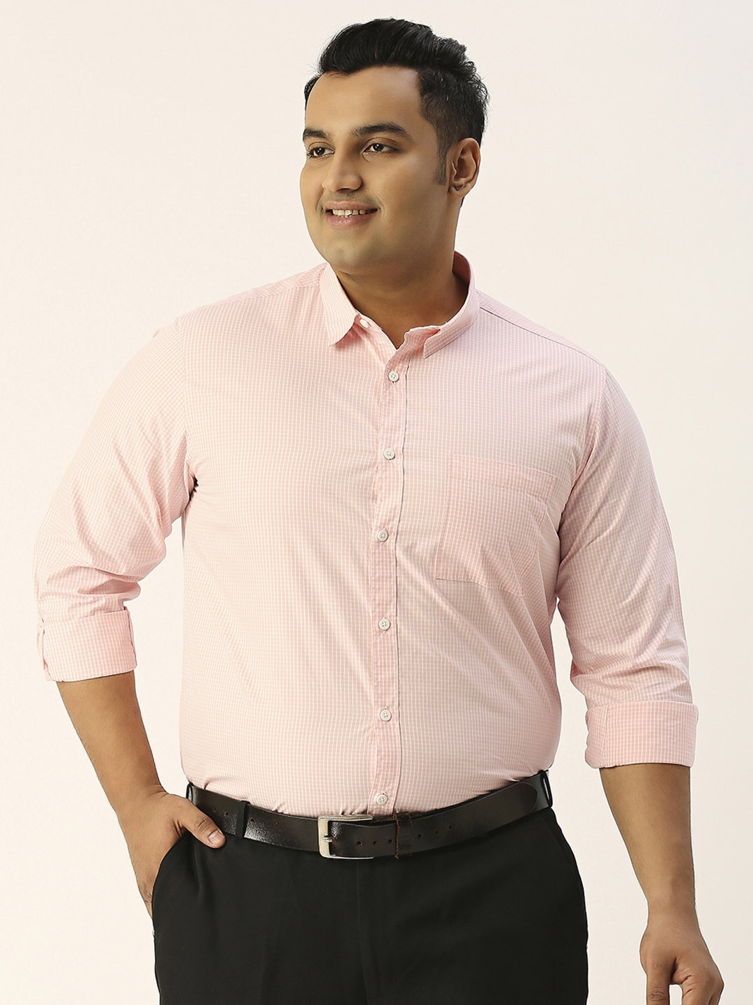 Sztori Plus Size Micro Checked Classic Pure Cotton Shirt, Pink