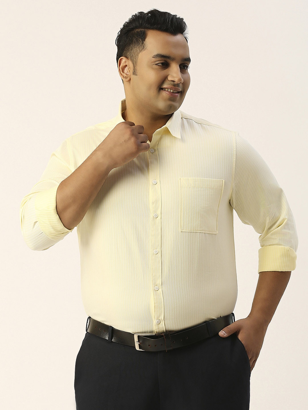 

Sztori Plus Size Vertical Striped Classic Pure Cotton Shirt, Yellow