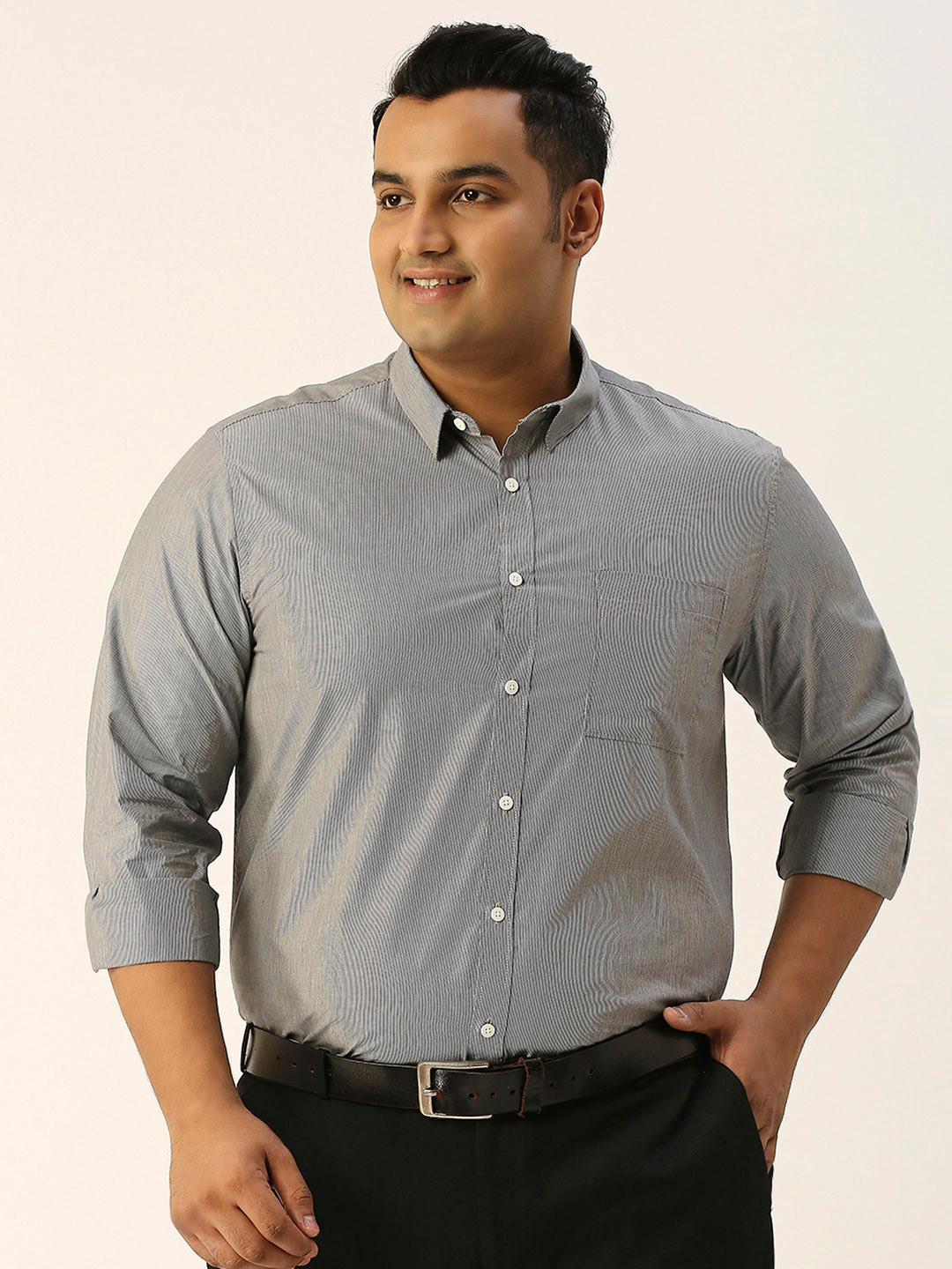 

Sztori Plus Size Vertical Striped Classic Pure Cotton Shirt, Black