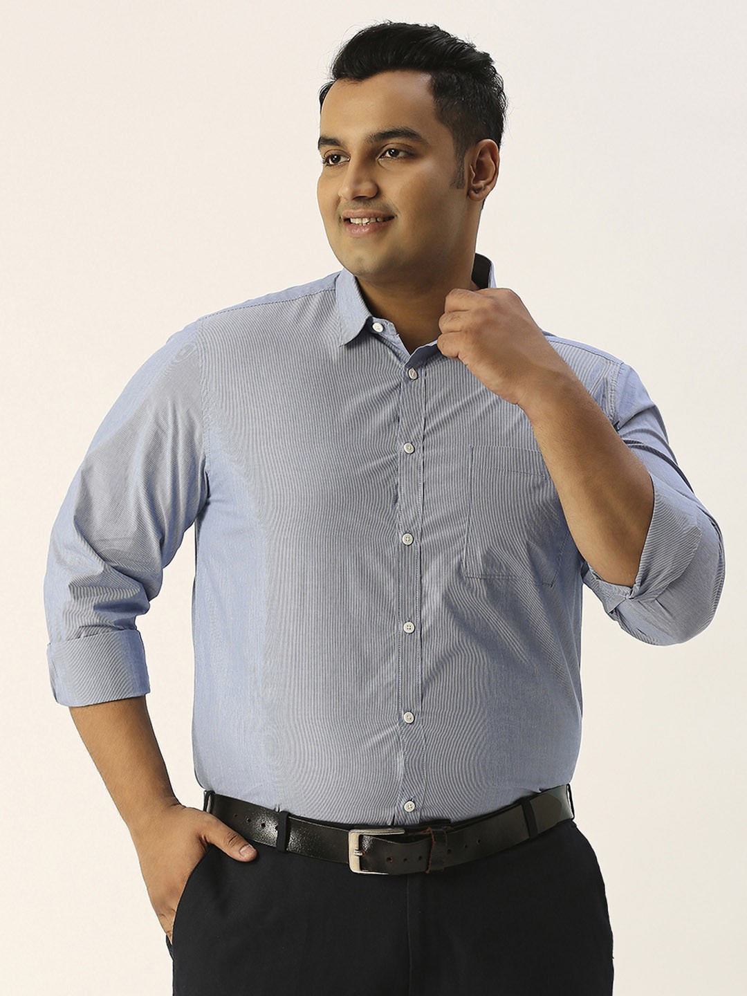 

Sztori Plus Size Vertical Striped Classic Pure Cotton Shirt, Blue