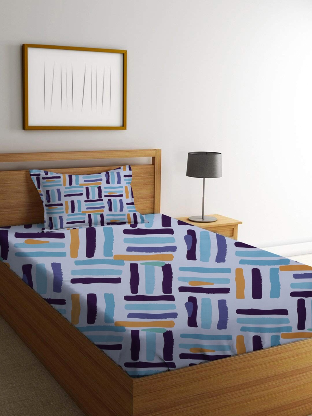 

homewards White & Blue Geometric 200 TC Single Bedsheet With 1 Pillow Cover