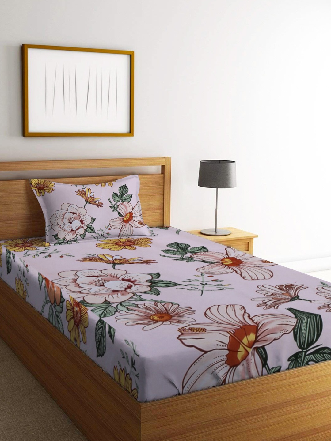 

homewards White & Yellow Floral 200 TC Single Bedsheet With 1 Pillow Cover