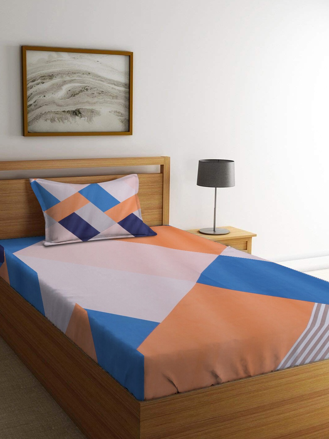 

homewards Orange & Blue Geometric 200 TC Single Bedsheet With 1 Pillow Cover