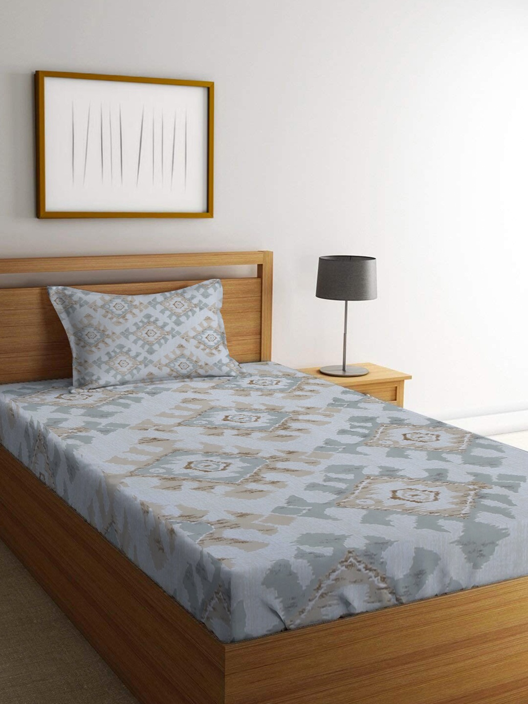 

homewards White & Grey Printed 200 TC Single Bedsheet With 1 Pillow Cover