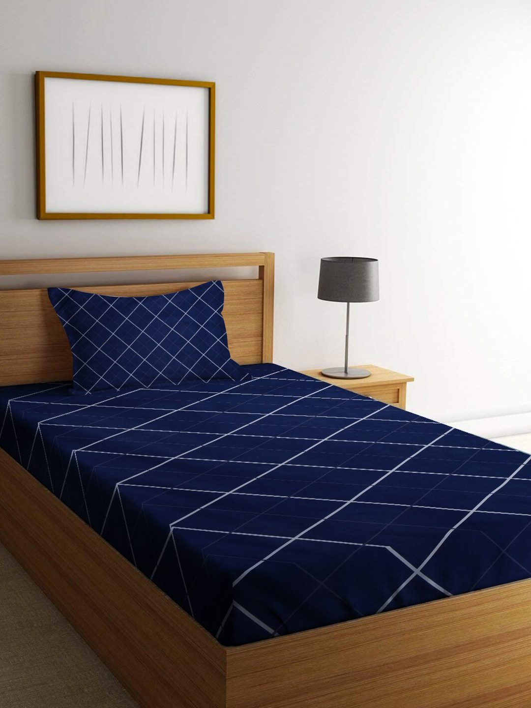 

homewards Blue & White Geometric 200 TC Single Bedsheet With 1 Pillow Cover, Navy blue