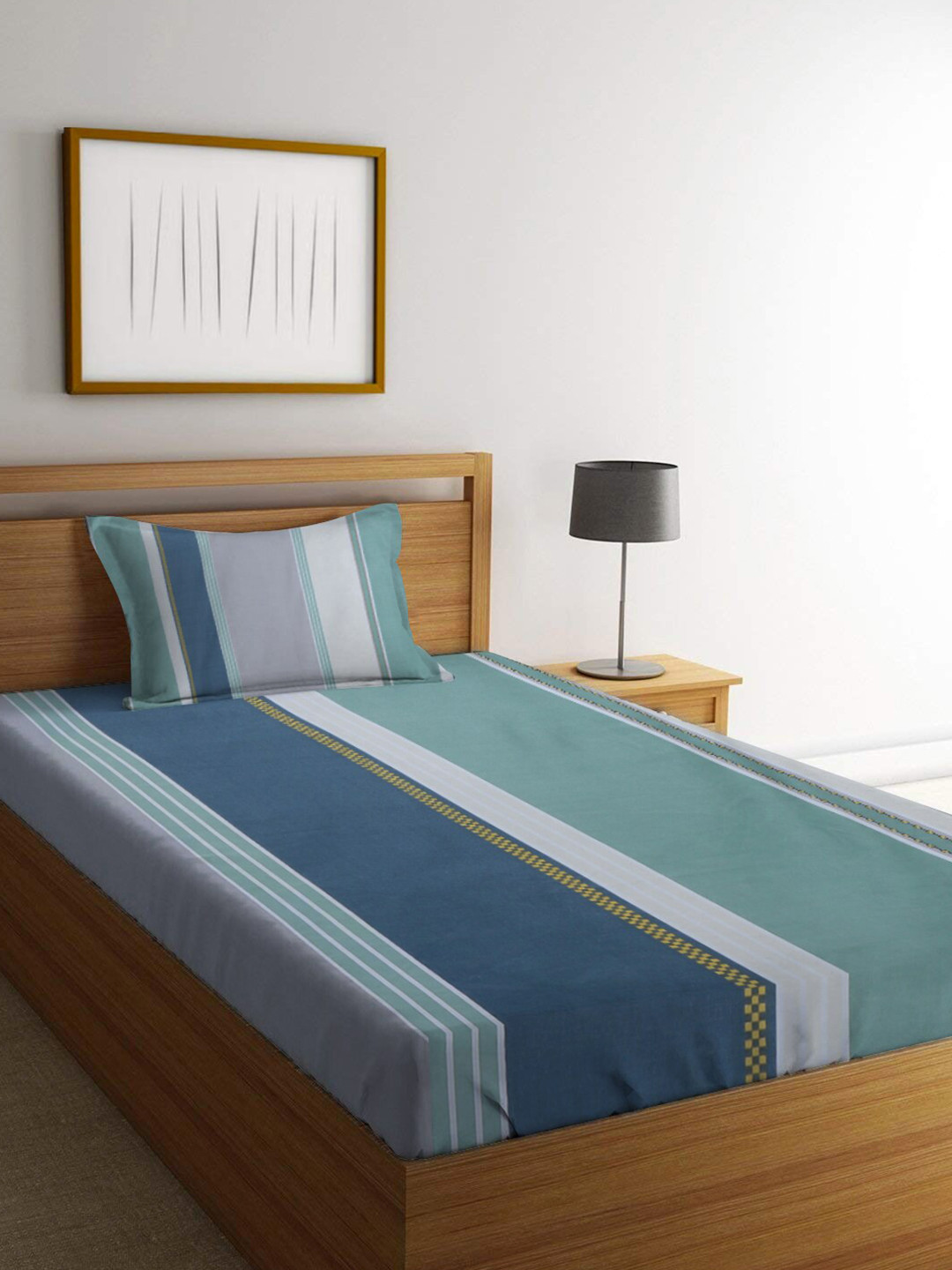 

homewards White & Blue Striped 200 TC Single Bedsheet With 1 Pillow Cover