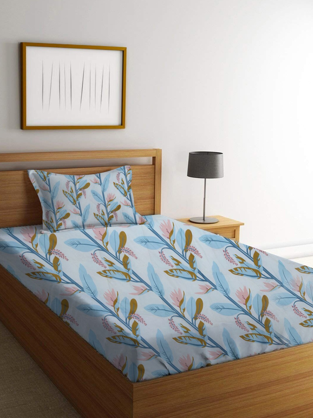 

homewards Blue & Pink Floral 200 TC Single Bedsheet With 1 Pillow Cover