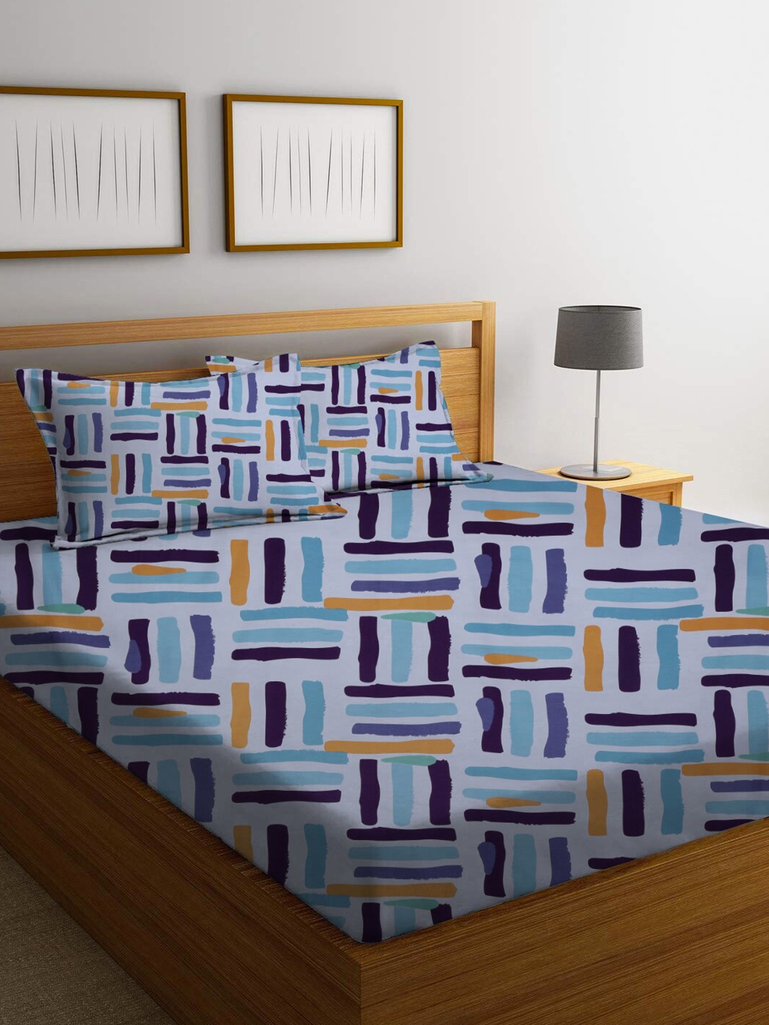 

homewards Blue & Orange Geometric 200 TC Queen Bedsheet With 2 Pillow Covers