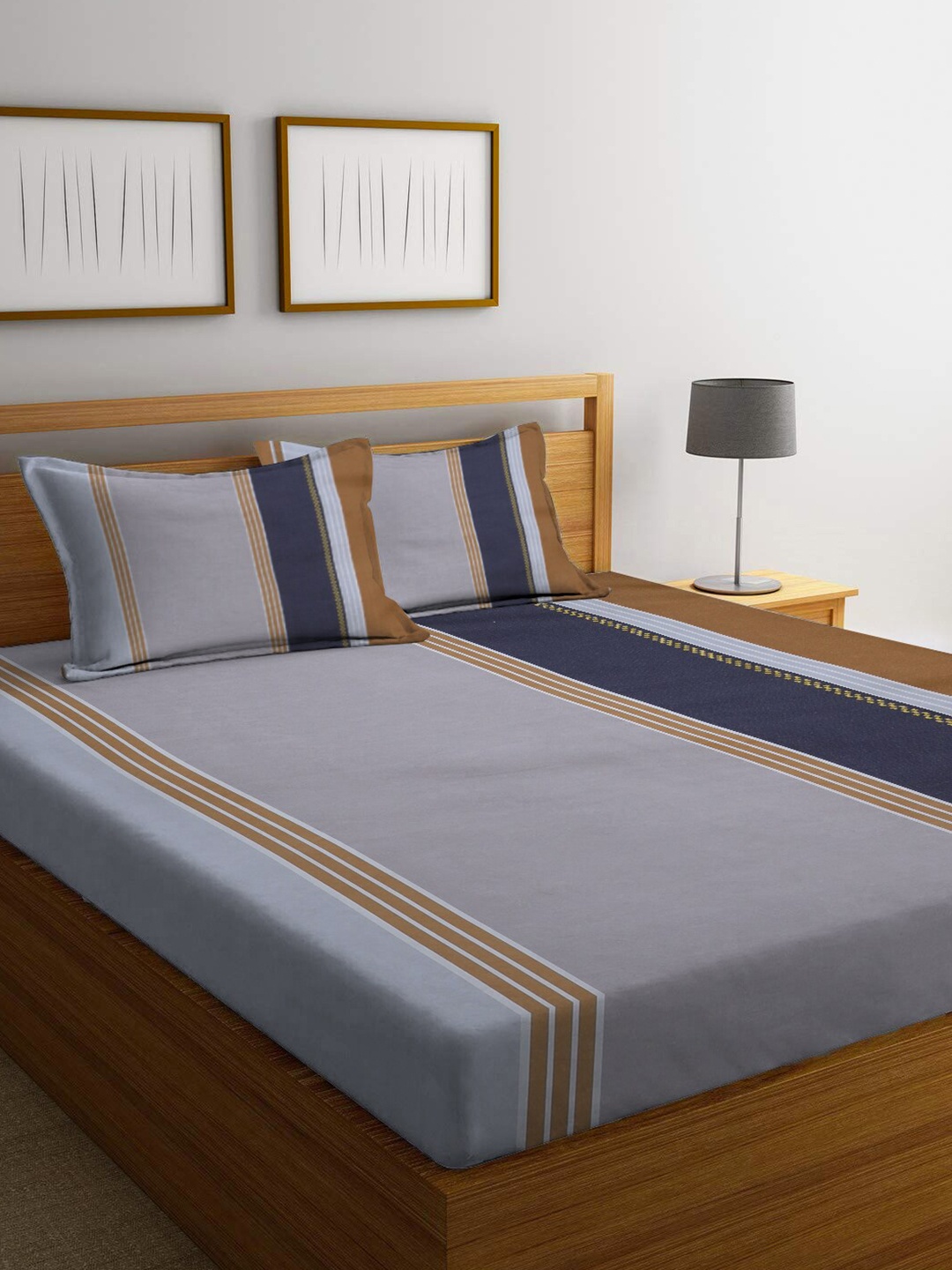 

homewards Grey & Tan Striped 200 TC Queen Bedsheet With 2 Pillow Covers