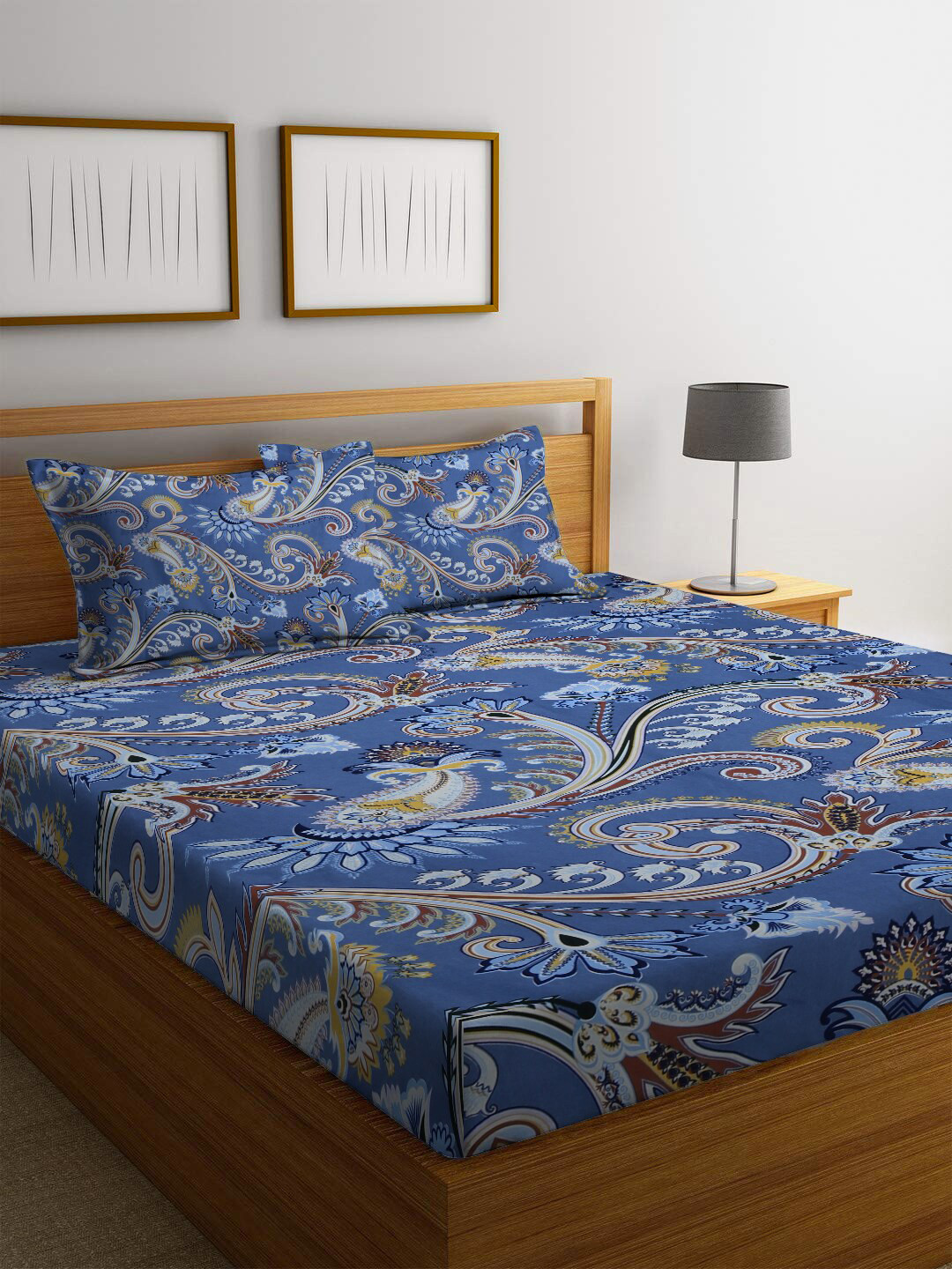 

homewards Blue & White Ethnic Motifs Polyester 200 TC Queen Bedsheet With 2 Pillow Covers