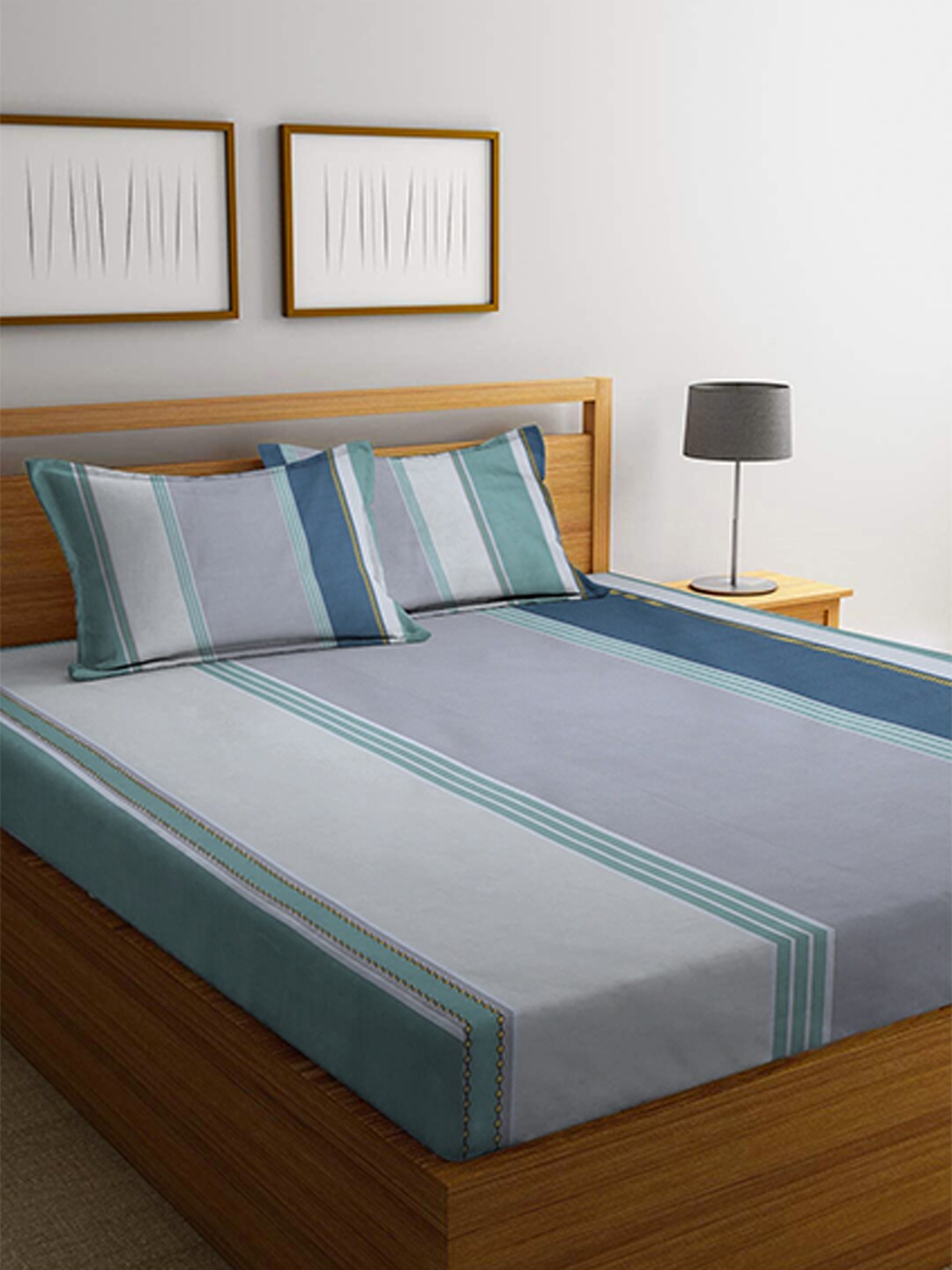 

homewards Green & White Striped 200 TC Queen Bedsheet With 2 Pillow Covers