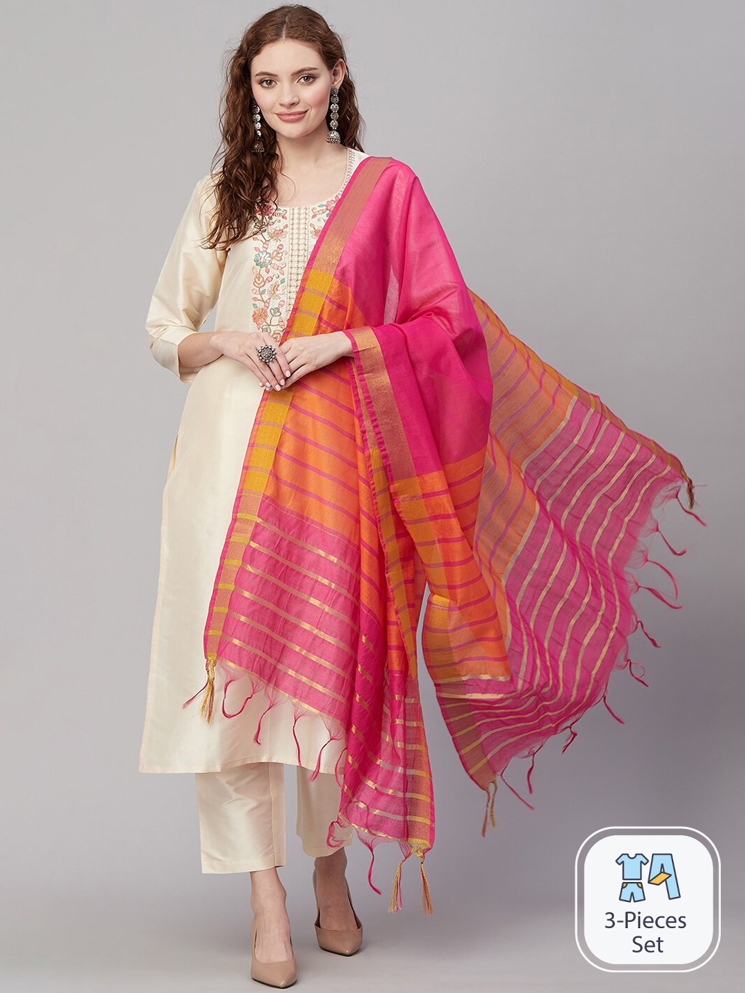 

KALINI Ethnic Motifs Embroidered Regular Thread Work Kurta With Trousers & Dupatta, Beige